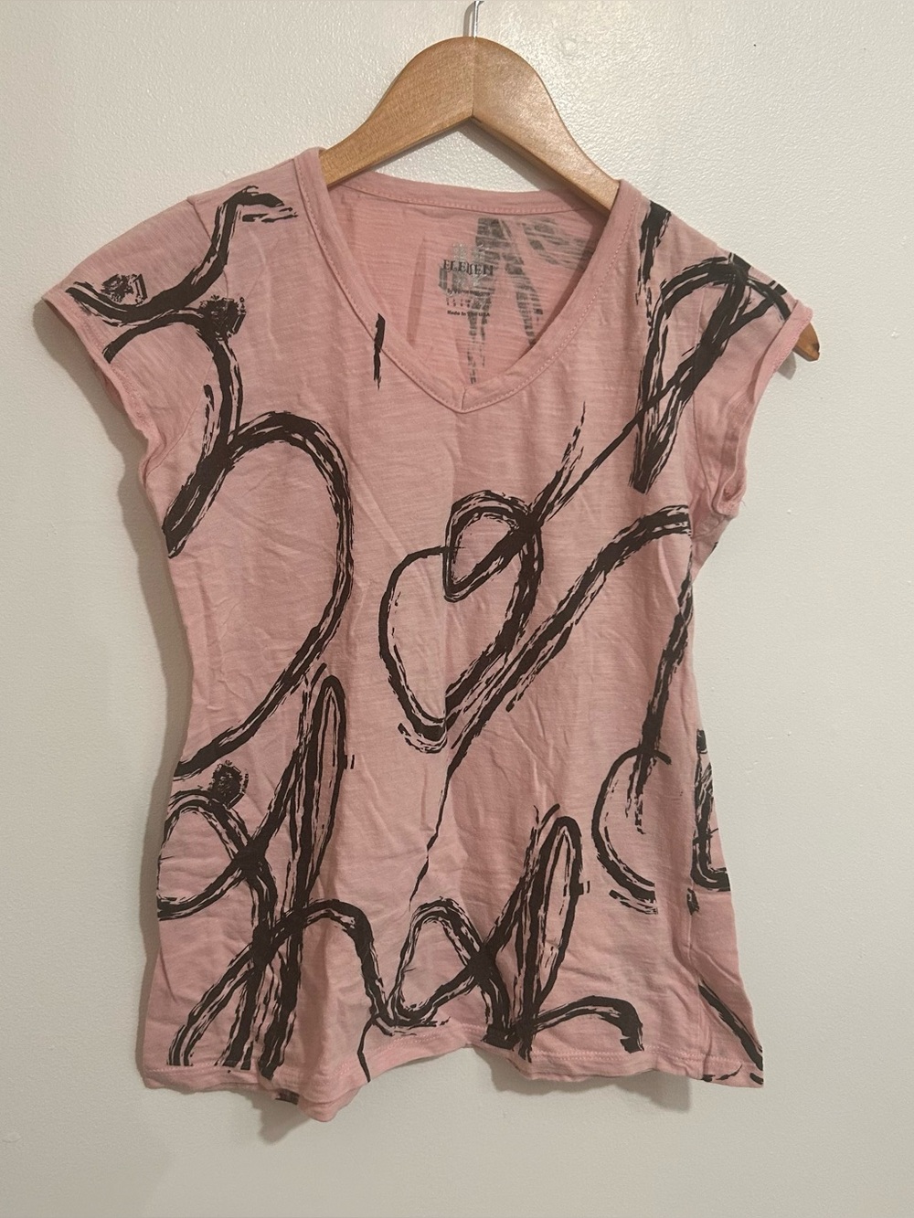 EleVen by Venus Williams Pink V-Neck Tee with Black Heart Brushstroke Print